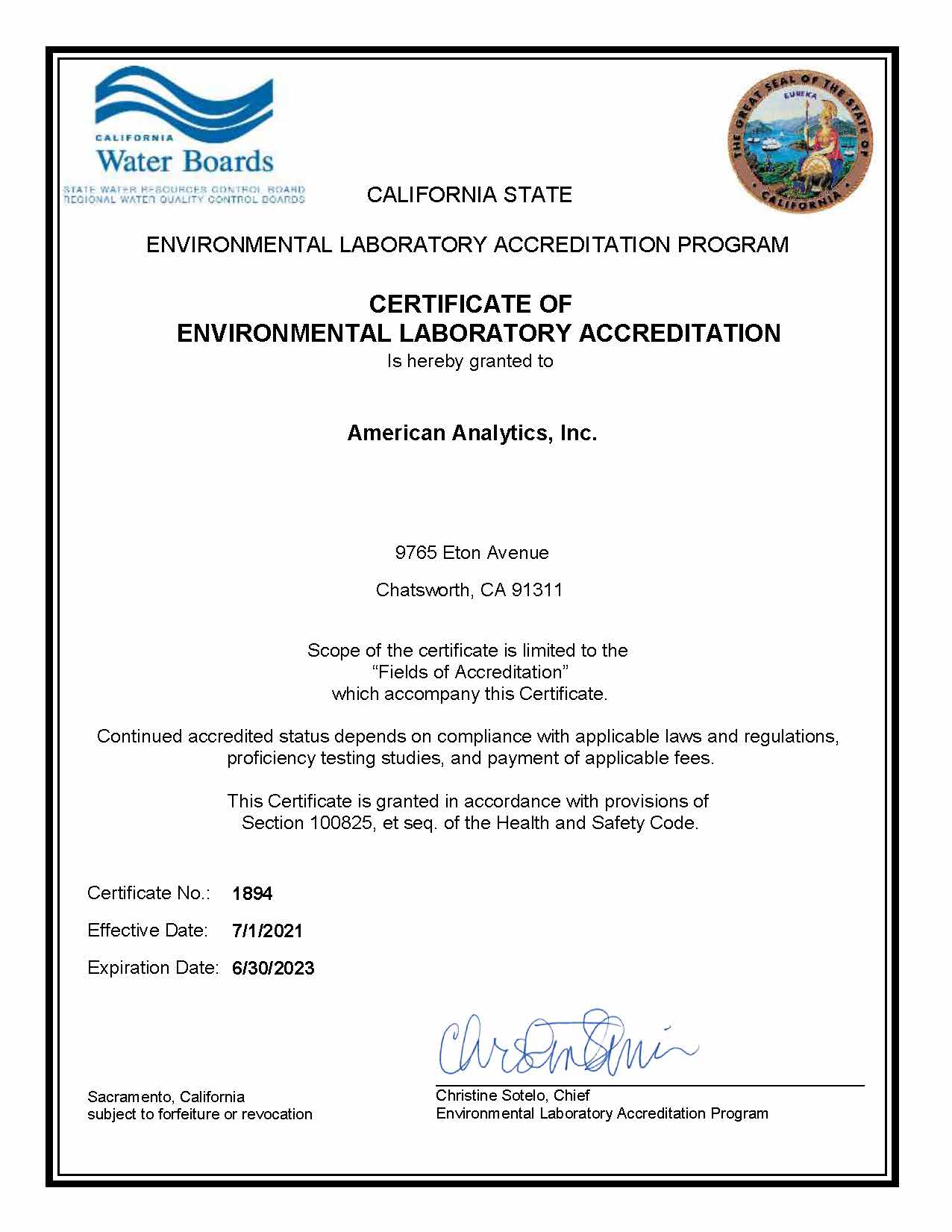 2021-2023 AA-ELAP Mobile Lab 1894 Certificate
